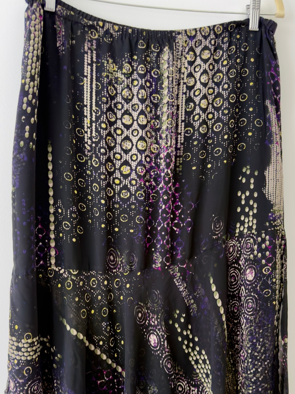 Black Printed Maxi Skirt with Gold and Purple Accents - Size Large